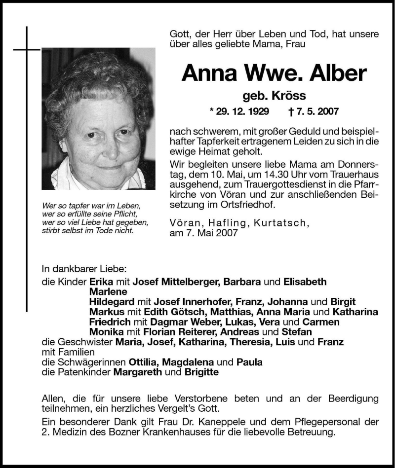  Traueranzeige für Anna Alber vom 08.05.2007 aus Dolomiten