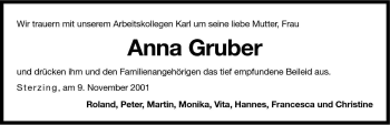 Traueranzeige von Anna Maria Gruber von Dolomiten