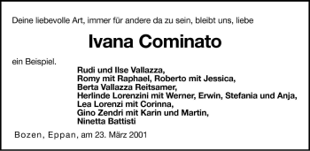 Traueranzeige von Ivana Cominato von Dolomiten