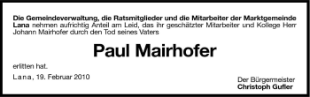 Traueranzeige von Paul Mairhofer von Dolomiten