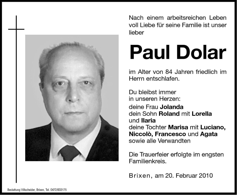  Traueranzeige für Paul Dolar vom 24.02.2010 aus Dolomiten