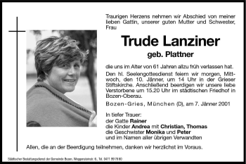 Traueranzeige von Trude Lanziner von Dolomiten