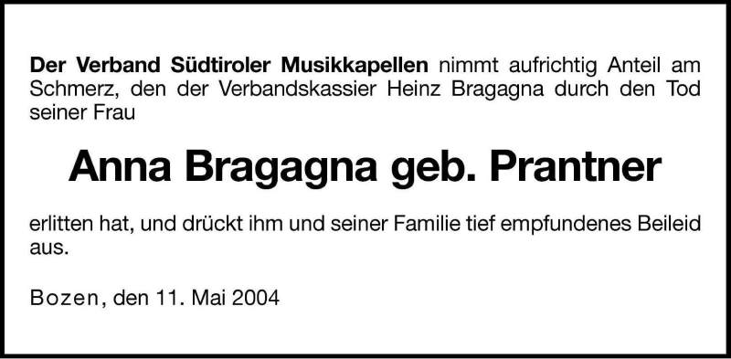  Traueranzeige für Anna Bragagna vom 12.05.2004 aus Dolomiten