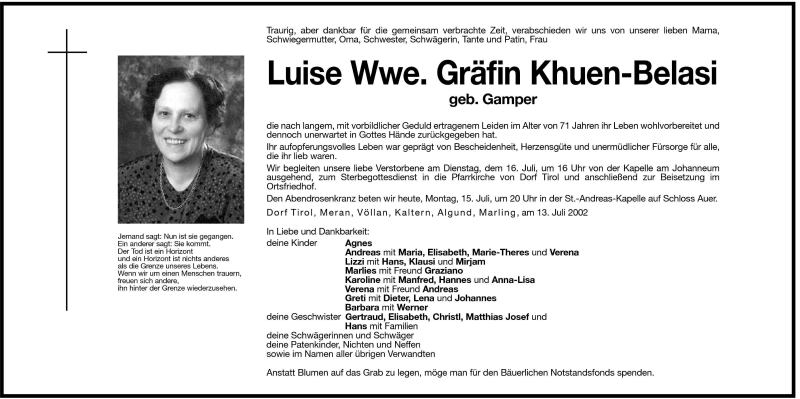  Traueranzeige für Luise Gräfin Khuen-Belasi vom 15.07.2002 aus Dolomiten