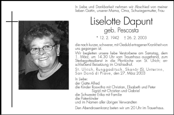 Traueranzeige von Liselotte Dapunt von Dolomiten