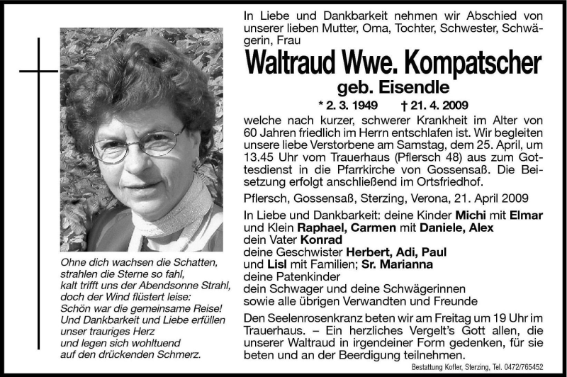  Traueranzeige für Waltraud Kompatscher vom 24.04.2009 aus Dolomiten