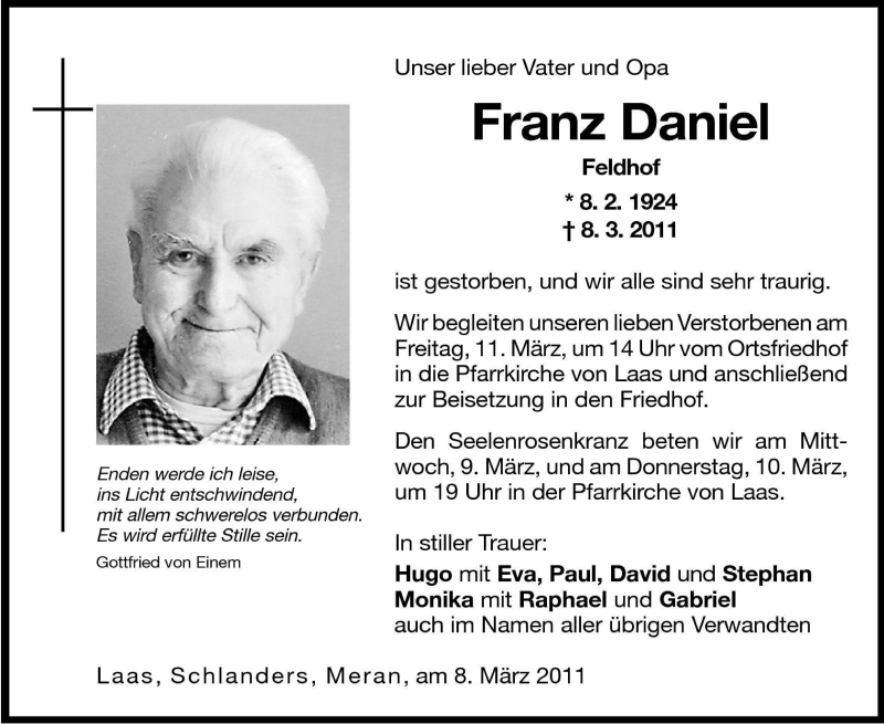  Traueranzeige für Franz Daniel vom 09.03.2011 aus Dolomiten