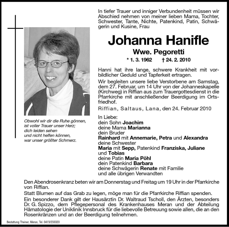  Traueranzeige für Johanna Pegoretti vom 26.02.2010 aus Dolomiten