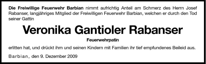  Traueranzeige für Veronika Gantioler Rabanser vom 10.12.2009 aus Dolomiten