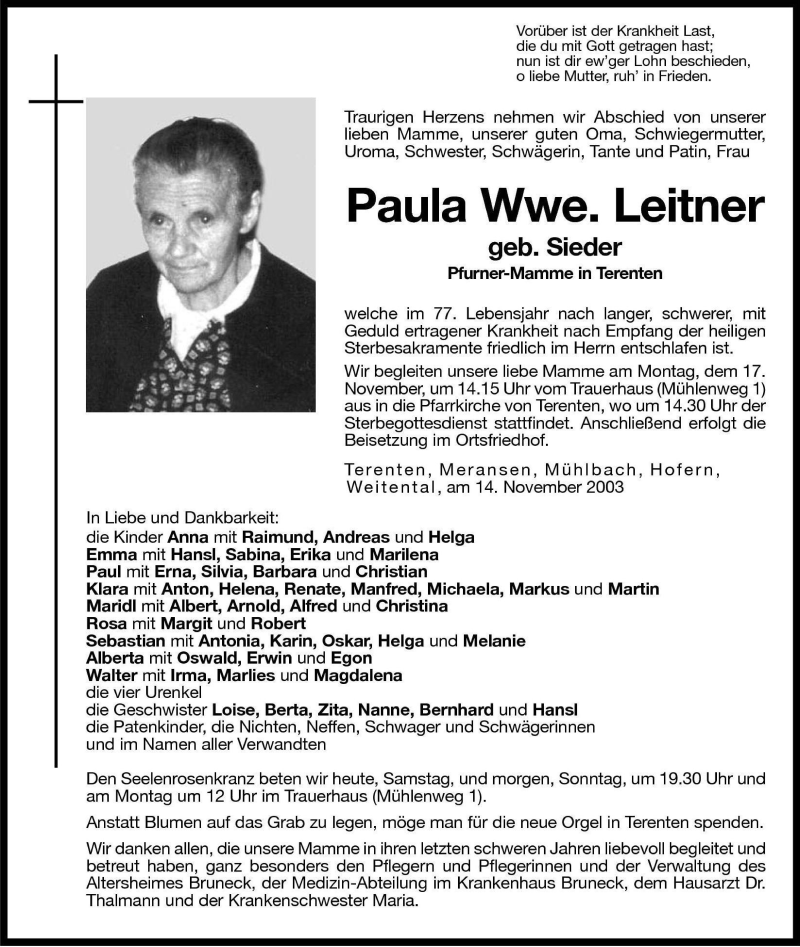  Traueranzeige für Paula Leitner vom 15.11.2003 aus Dolomiten