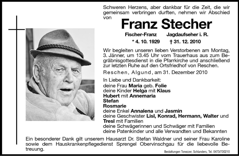  Traueranzeige für Franz Stecher vom 03.01.2011 aus Dolomiten