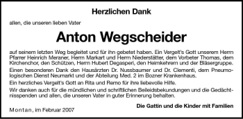 Traueranzeige von Anton Wegscheider von Dolomiten