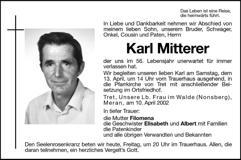 Traueranzeige für Karl Mitterer vom 12.04.2002 aus Dolomiten