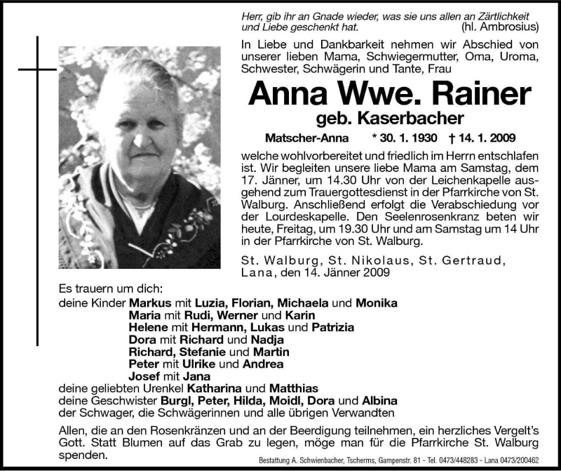  Traueranzeige für Anna Rainer vom 16.01.2009 aus Dolomiten