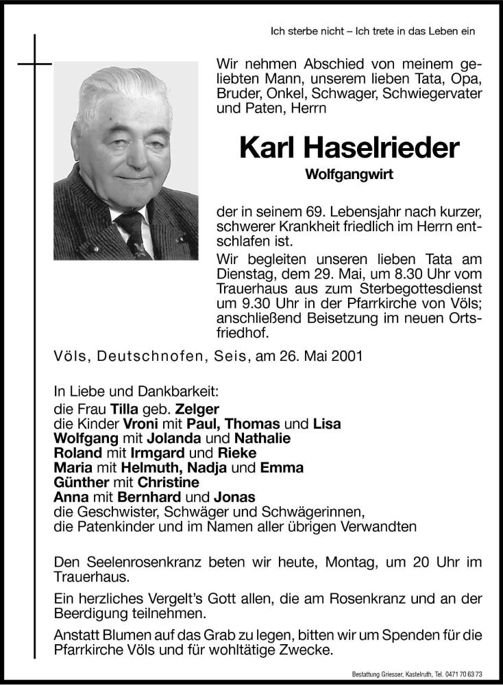  Traueranzeige für Karl Haselrieder vom 28.05.2001 aus Dolomiten