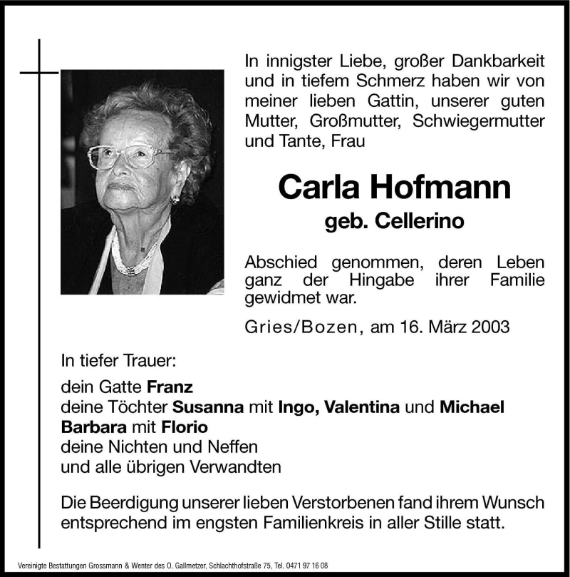 Traueranzeigen von Carla Hofmann | Trauer.bz
