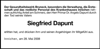 Traueranzeige von Siegfried Dapunt von Dolomiten