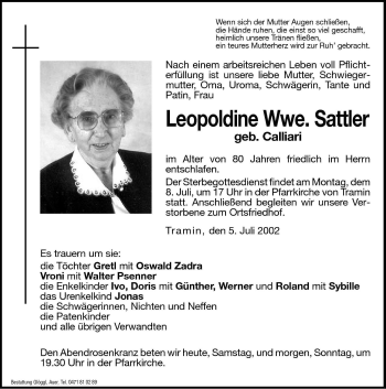 Traueranzeige von Leopoldine Sattler von Dolomiten