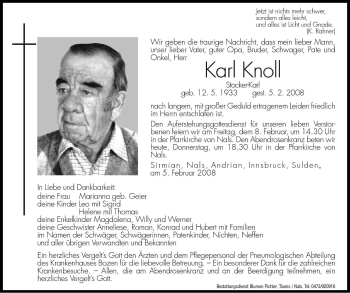 Traueranzeige von Karl Knoll von Dolomiten