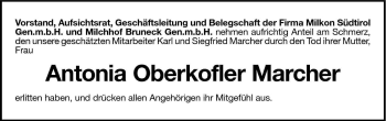 Traueranzeige von Antonia Marcher von Dolomiten