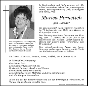 Traueranzeige von Marisa Pernstich von Dolomiten