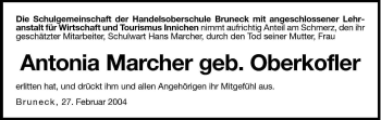 Traueranzeige von Antonia Marcher von Dolomiten