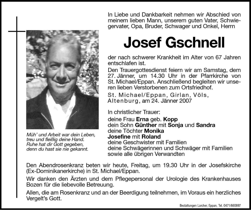  Traueranzeige für Josef Gschnell vom 26.01.2007 aus Dolomiten