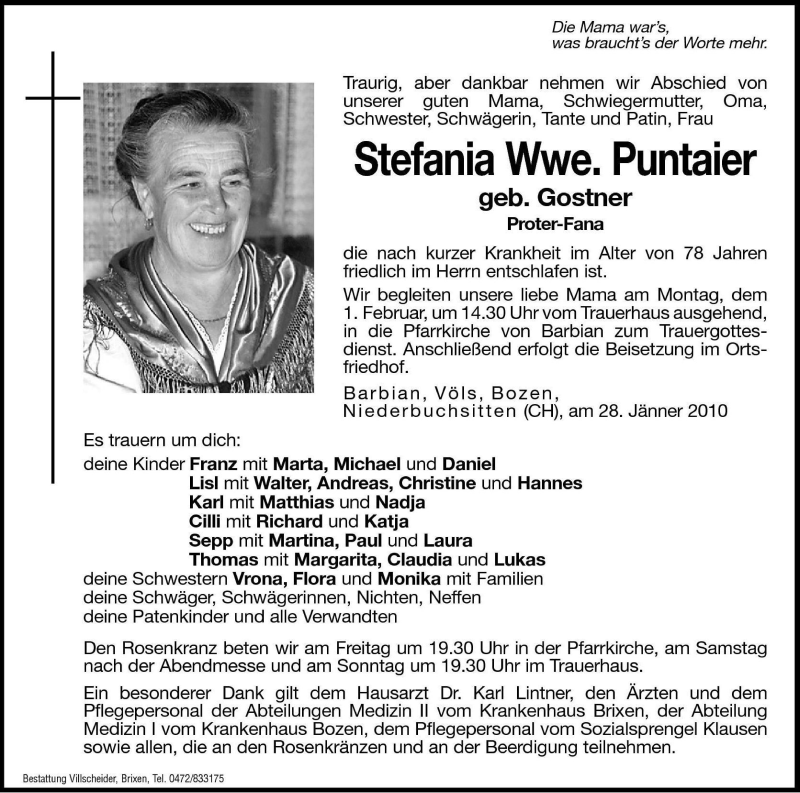  Traueranzeige für Stefania Puntaier vom 29.01.2010 aus Dolomiten