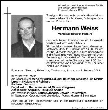 Traueranzeige von Hermann Weiss von Dolomiten