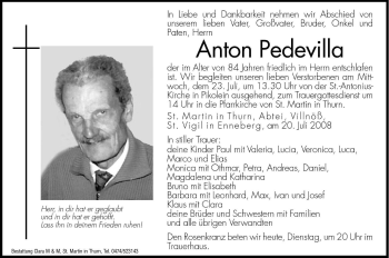 Traueranzeige von Anton Pedevilla von Dolomiten