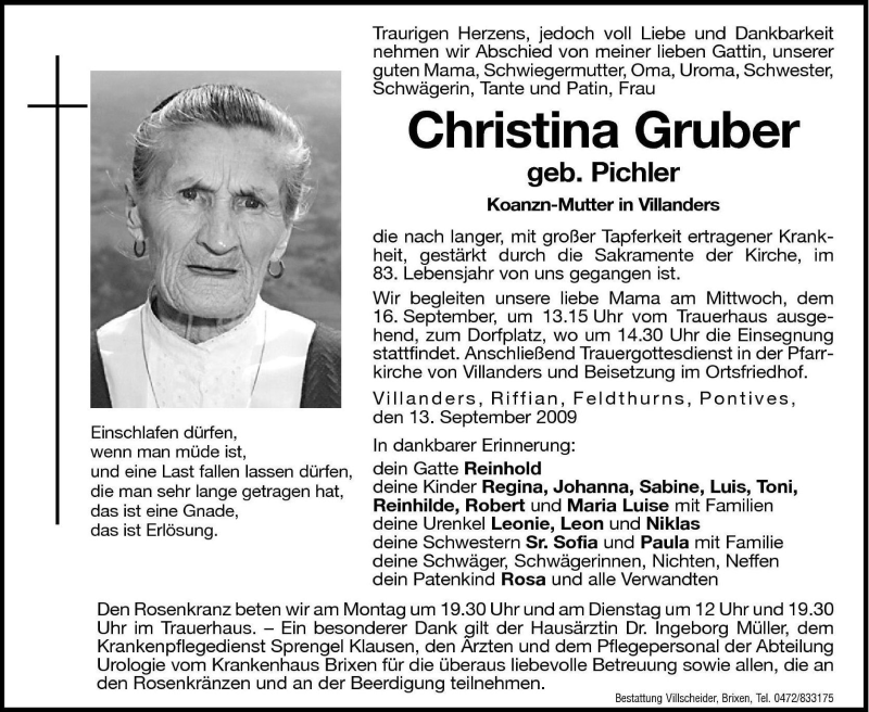  Traueranzeige für Christina Gruber vom 14.09.2009 aus Dolomiten