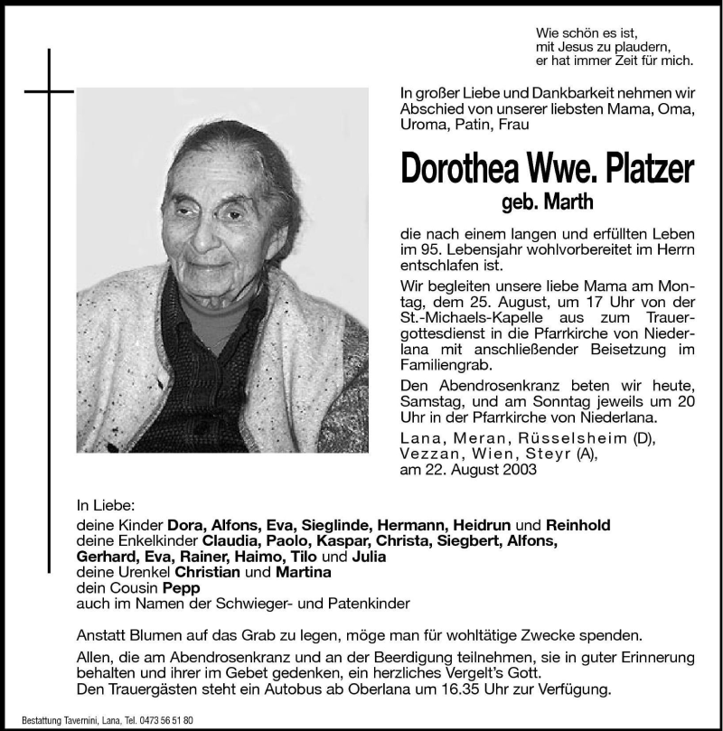  Traueranzeige für Dorothea Platzer vom 23.08.2003 aus Dolomiten