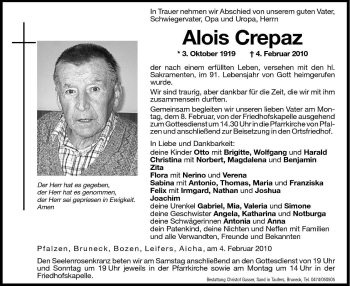 Traueranzeige von Alois Crepaz von Dolomiten