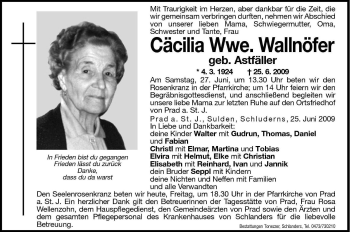 Traueranzeige von Cäcilia Wallnöfer von Dolomiten