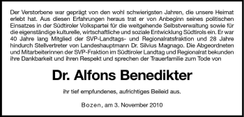 Traueranzeige von Alfons Benedikter von Dolomiten