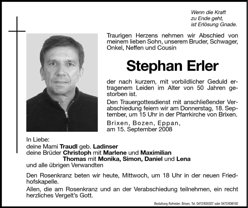  Traueranzeige für Stephan Erler vom 17.09.2008 aus Dolomiten