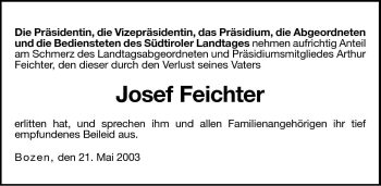 Traueranzeige von Josef Feichter von Dolomiten