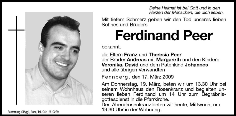  Traueranzeige für Ferdinand Peer vom 18.03.2009 aus Dolomiten