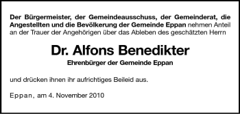 Traueranzeige von Alfons Benedikter von Dolomiten