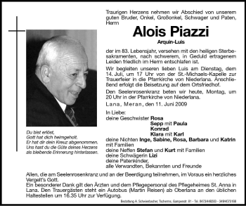 Traueranzeige von Alois Piazzi von Dolomiten