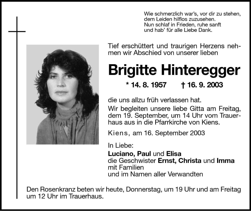  Traueranzeige für Brigitte Hinteregger vom 18.09.2003 aus Dolomiten