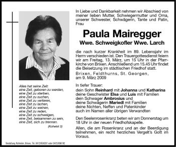 Traueranzeige von Paula Larch von Dolomiten