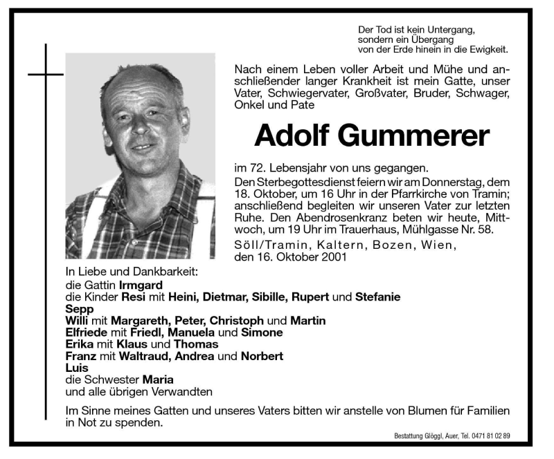  Traueranzeige für Adolf Gummerer vom 17.10.2001 aus Dolomiten