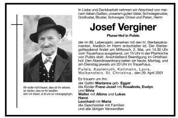 Traueranzeige von Josef Verginer von Dolomiten