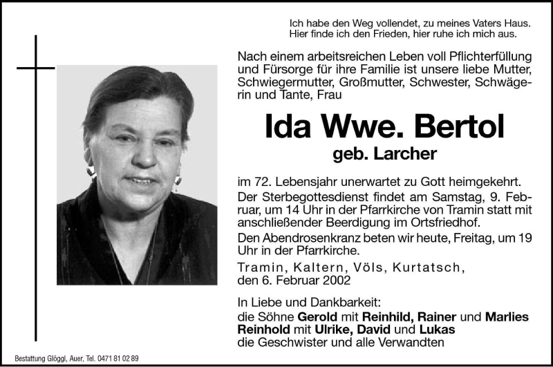  Traueranzeige für Ida Bertol vom 08.02.2002 aus Dolomiten