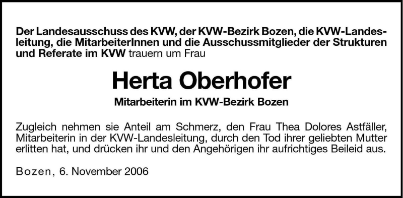  Traueranzeige für Herta Oberhofer vom 07.11.2006 aus Dolomiten