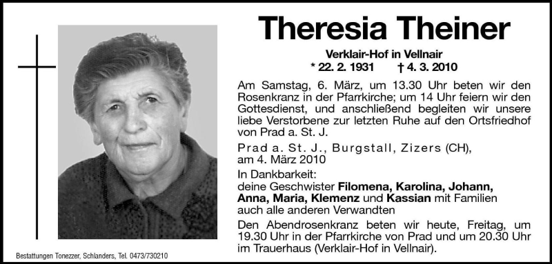  Traueranzeige für Theresia Theiner vom 05.03.2010 aus Dolomiten