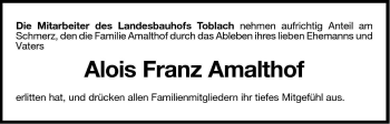 Traueranzeige von Alois Franz Amalthof von Dolomiten