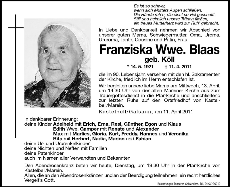  Traueranzeige für Franziska Blaas vom 12.04.2011 aus Dolomiten