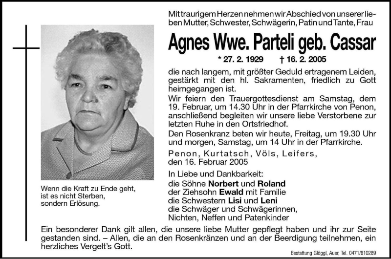  Traueranzeige für Agnes Parteli vom 18.02.2005 aus Dolomiten